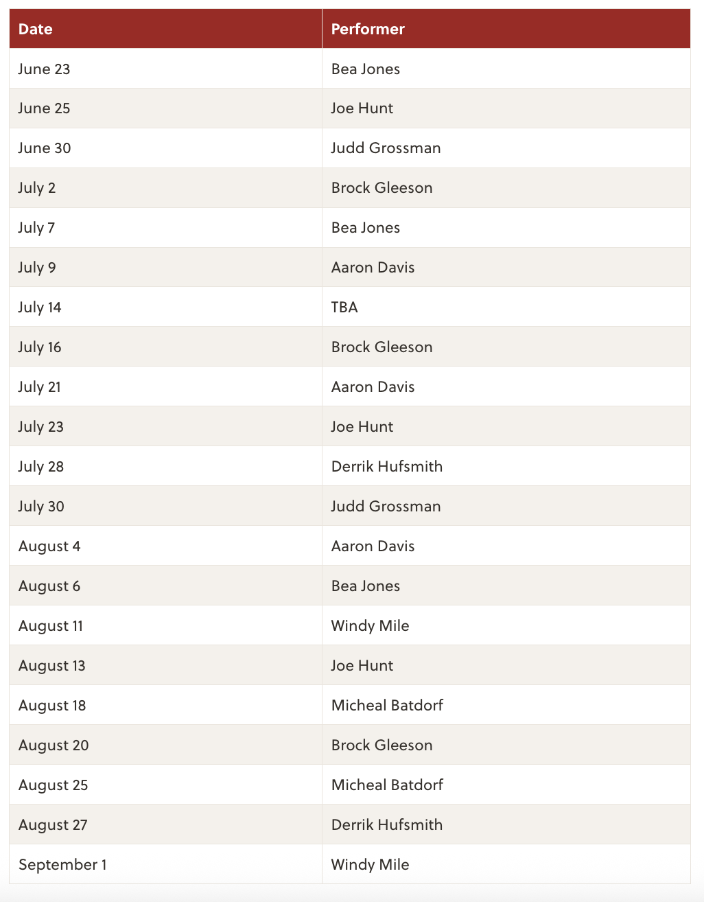 Live music at the Deck lineup